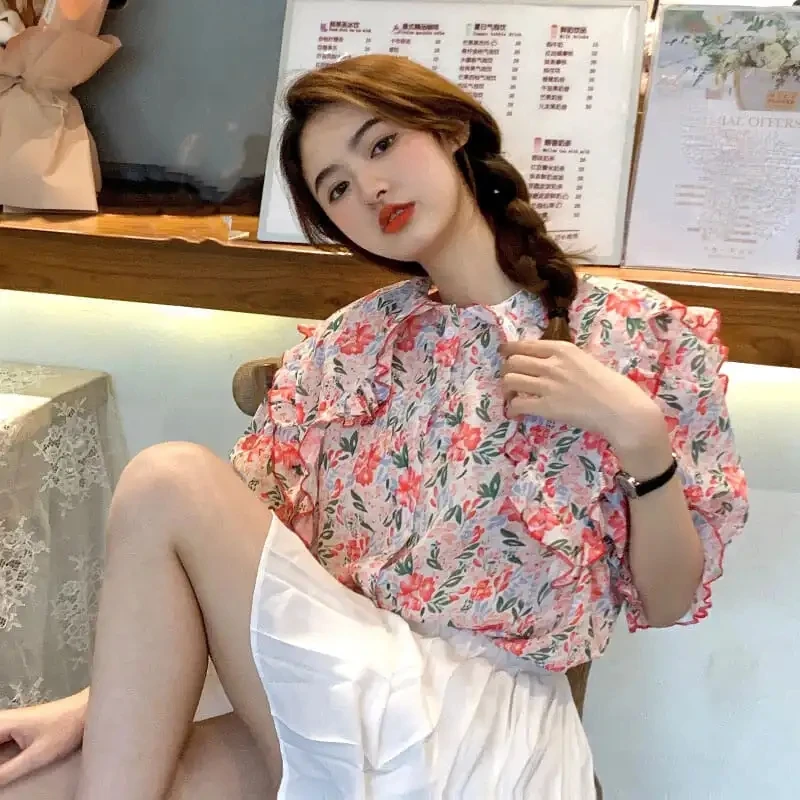 

Floral print Summer T shirt 2021 Top femme Vintage Kawaii Clothes cute Korean style sweet shirt