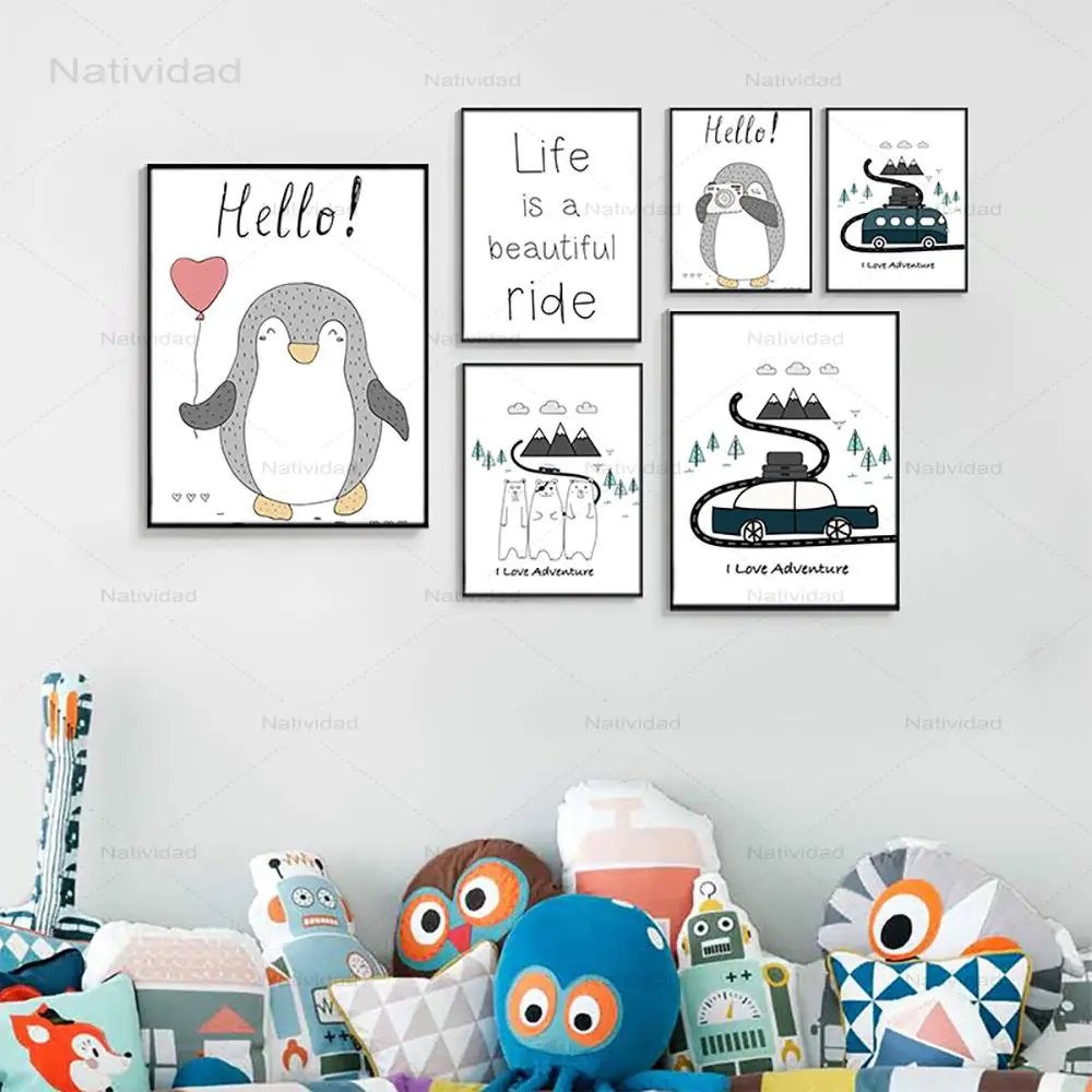 Cartoon Animals Canvas Painting Penguin Polar Bear Posters and Prints Child Kids Bedroom home Wall Decor pictures no frame | Дом и сад
