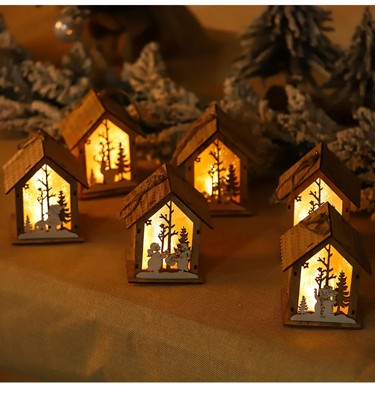 

LED luminous wooden house desktop desktop wall hanging jewelry mini DIY furniture LED luminous villa statue gift children's toys