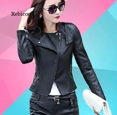 Spring and Autumn Korean Motorcycle Pu Leather Jacket Women's Short Slim-Fit Stand Collar Ladies Jacket Rivet Leather Jacket