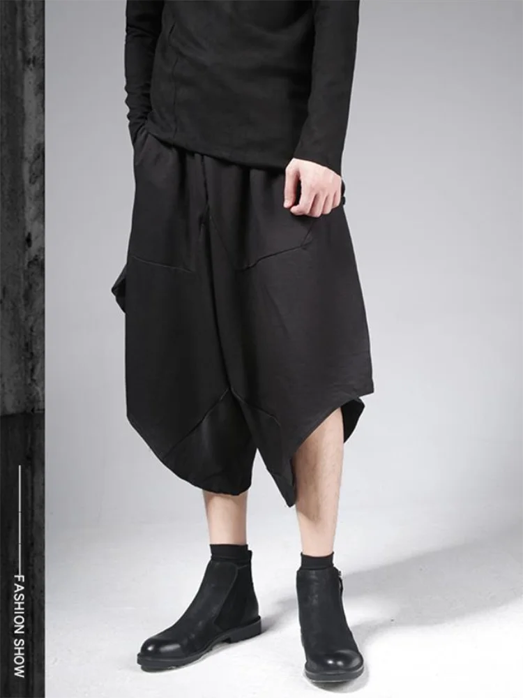 

Men's Irregular Casual Pants Spring/Summer New Solid Color Asymmetric Stitching Design Loose Seven-Point Pants Skirt