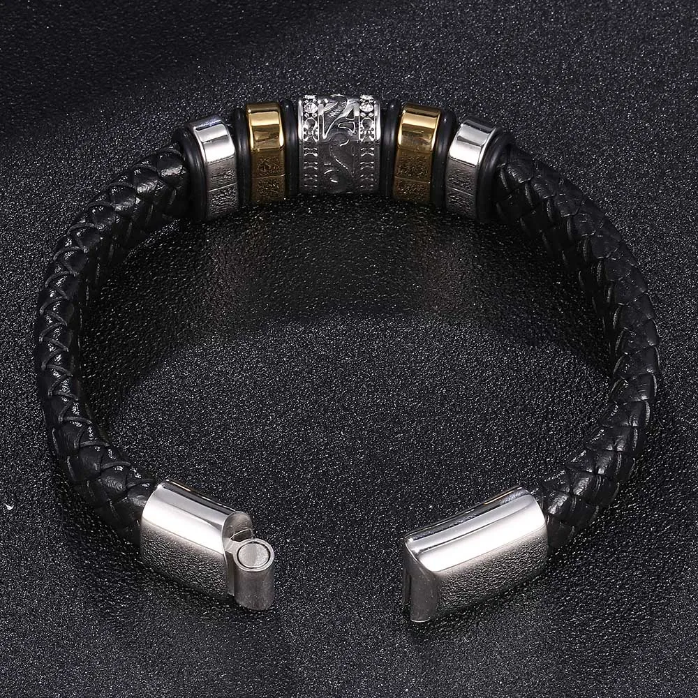Мужской браслет из нержавеющей стали черный кожаный плетеный вручную аксессуар