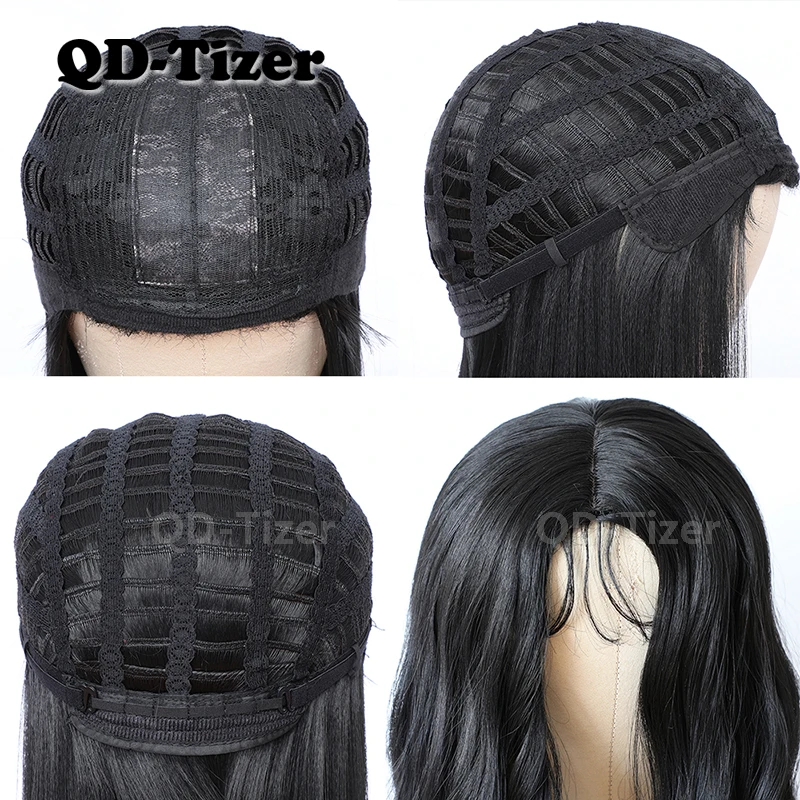 

QD-Tizer Black Color Synthetic None Lace Wig Heat Resistant Synthetic Silk Base Wigs Loose Wave For women