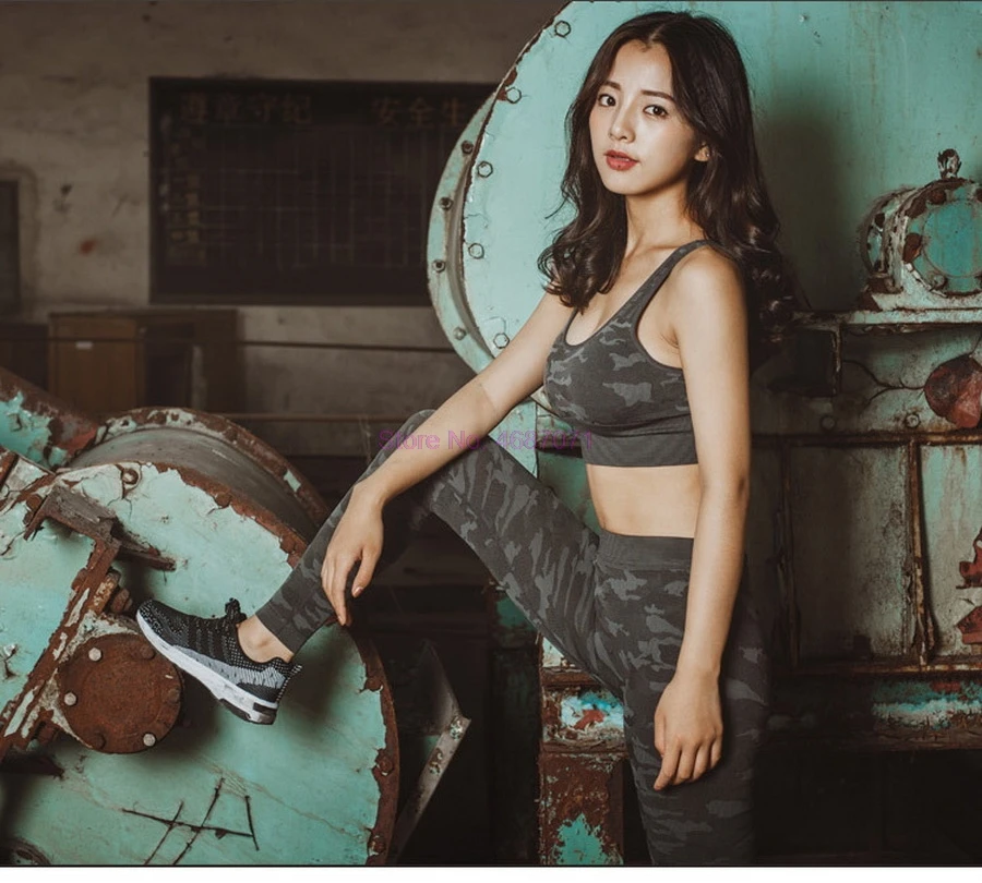 Горячая Распродажа Женский комплект для йоги фитнес камуфляжный бюстгальтер с