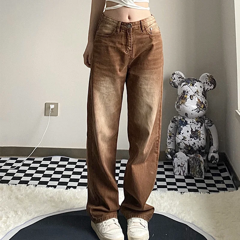 Straight Jeans Women Bleached Washed Denim Brown Hipster Oversize S-4XL All-match Schoolgirls Boyfriend Street Korean Fashion | Женская