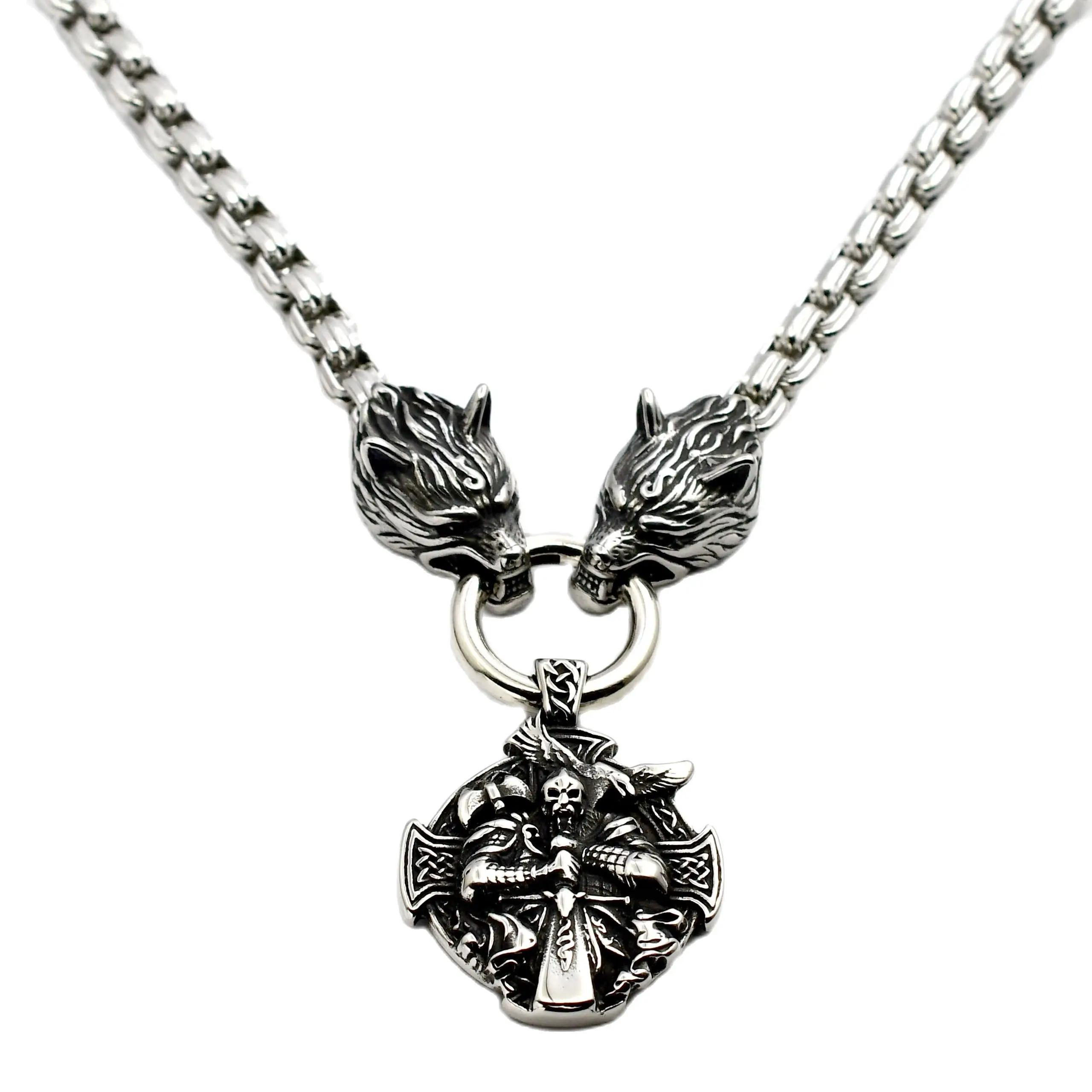 

Viking Wolf Head Chain with Nordic Odin Warrior Crow Stainless Steel Pendant Necklace Men's Titanium Steel Necklace Jewelry
