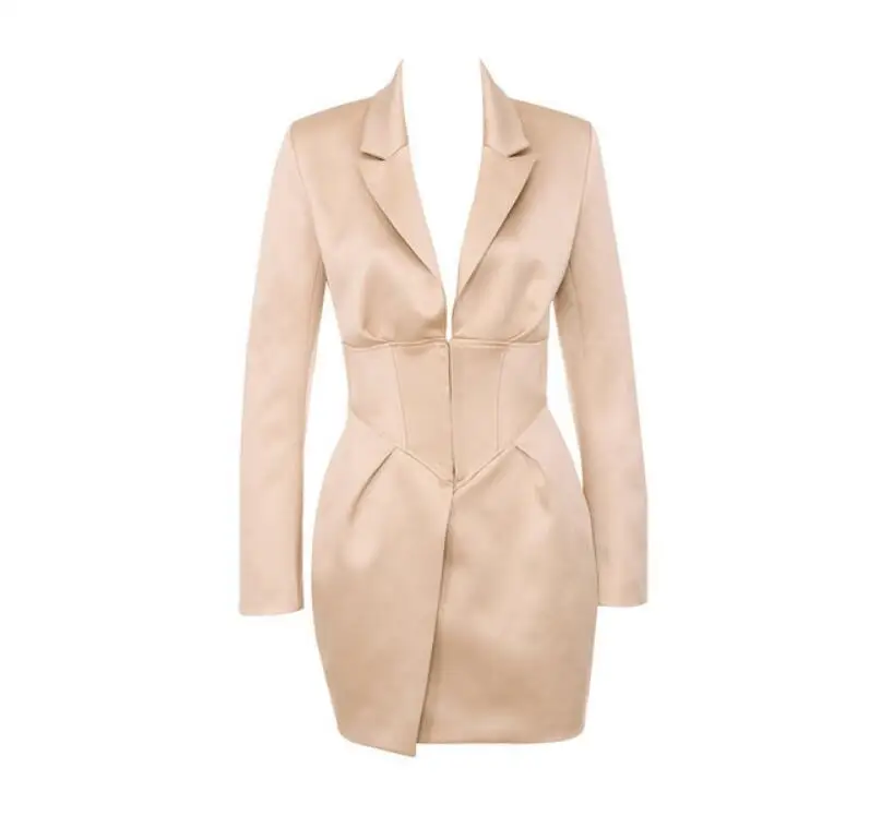 

Autumn 2019 Turn Down Collar Sexy Dress Women Casual Clubwear Mini Party Dresses Elegant OL Long Sleeve Beige Dress Vestidos