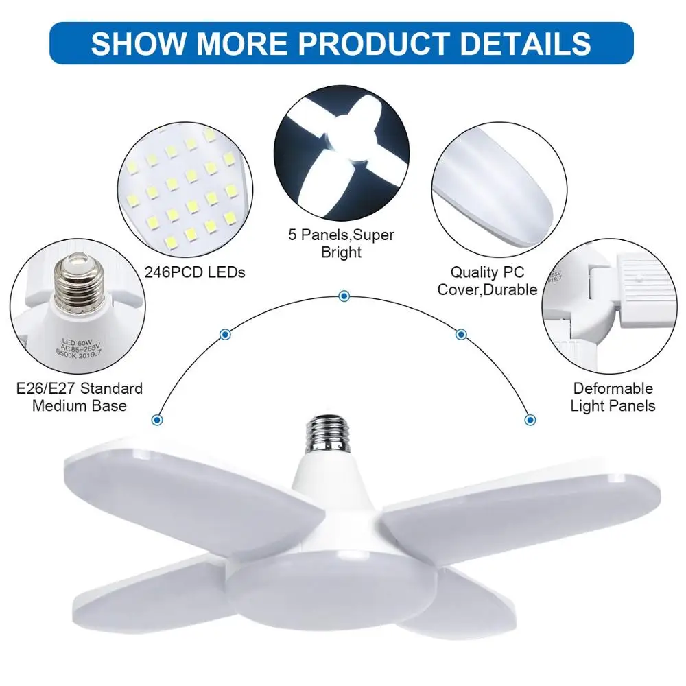 LED Garage Light workshop light 60W E27 6000LM Deformable  with 4 Adjustable Panels for Garage Warehouse Workshop Base