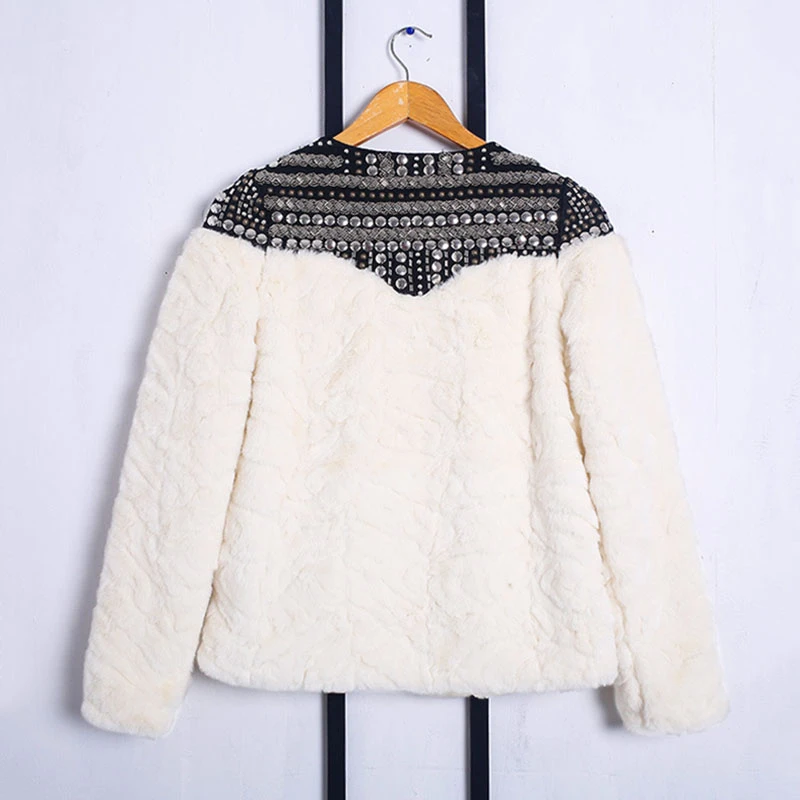 ZURICHOUSE Rabbit Fur Jacket Women Winter Fleece Coat 2021 Streetwear Fashion Rivet Beading Design Cotton-padded | Женская одежда