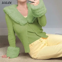za womens artifical fur sweater ropa de mujer 2020 cardigan pull femme jumper knit tops autumn collar cuff slim knitted jacket