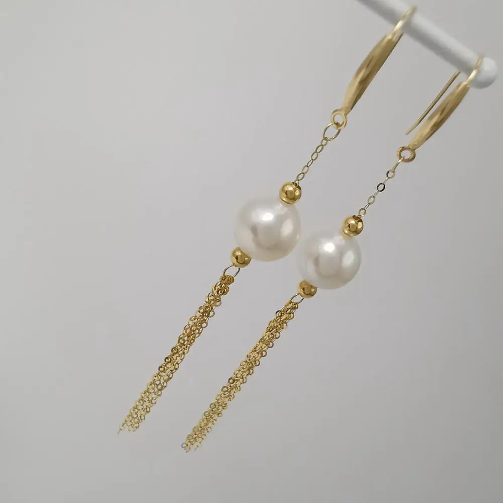 

Genuine solid yellow 18k gold earrings natural pearl real gold tassel earrings dangle gold AU750 hanging earring