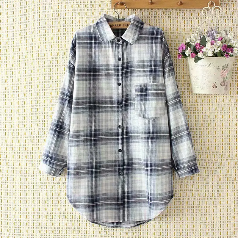 

Plus Size 2XL-4XL Plaid Tops Women Long Sleeved Casual Blouse Black Blue Classic Streetwear A-line Blusas