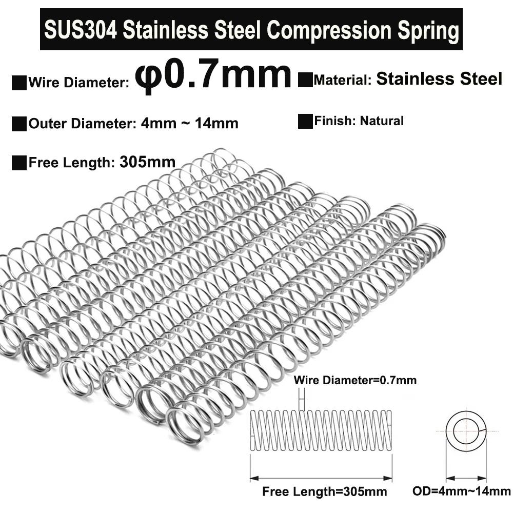 

2Pcs Wire Diameter φ0.7mm SUS304 Stainless Steel Compression Spring Free Length 305mm OD 4mm ~ 14mm Ultra Long Pressure Spring