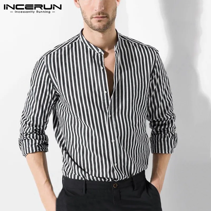 

Рубашка INCERUN мужская с воротником-стойкой, модная сорочка в полоску, стильная деловая брендовая с пуговицами, с длинным рукавом, 5XL