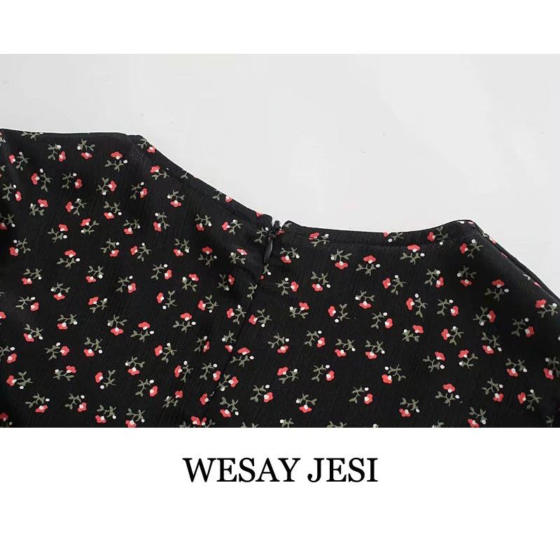 

WESAY JESI Women's Summer Dress 2021 Elegant Vintage Dress Lady France Style Puff Sleeve Floral Print Square Collar Side Split