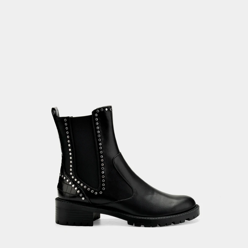 

Rock Shoes Woman Med Heel Boots Chelsea Rivets Round Toe Mid Calf Leather Flat Ladies Rubber Mid-Calf Lace-Up Retro Mid-Calf So