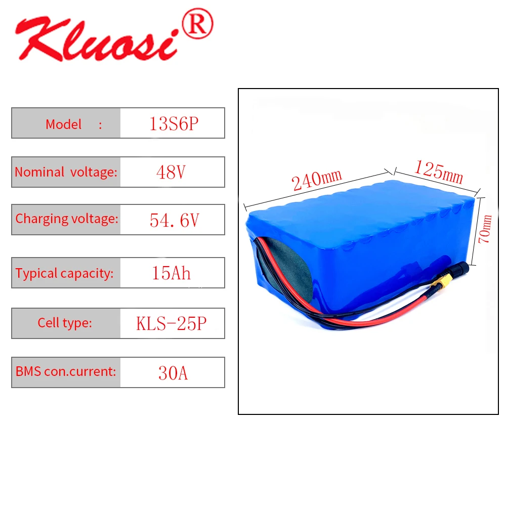 

Аккумулятор KLUOSI 13S6P, 48 В, 15 А · ч, 1200 Вт, 48 В, 54,6 в, литий-ионный аккумулятор с 30 А BMS для электросамоката, транспортного средства электровелосипе...