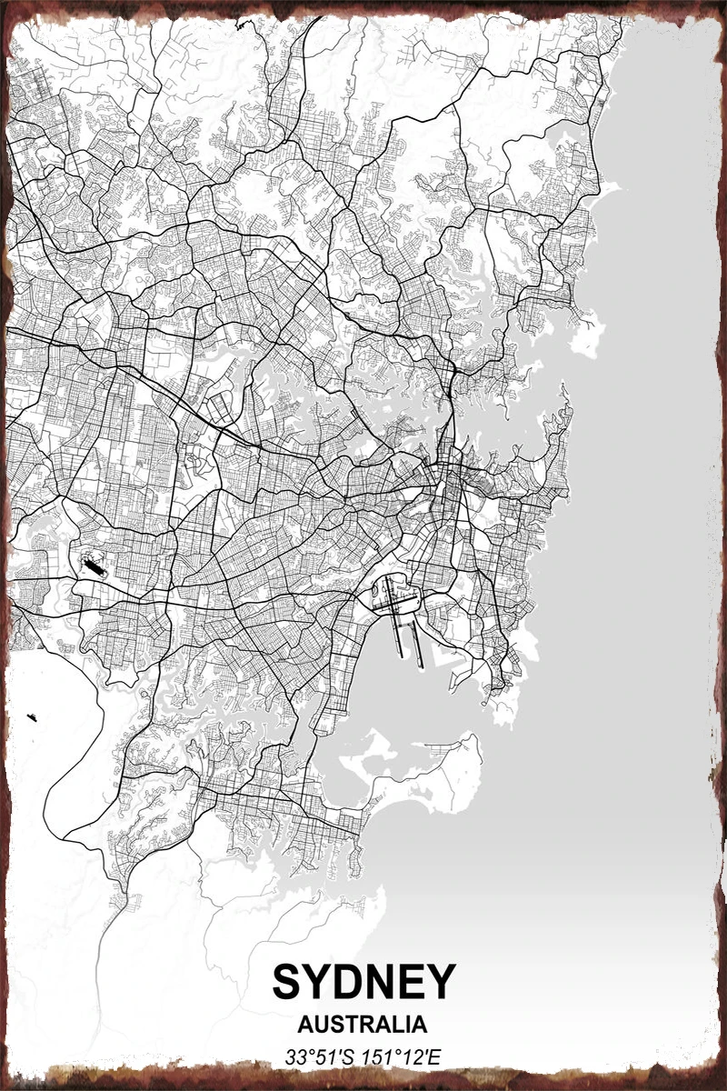

Sydney city map Tin Plates Wall Decor Room Decoration Retro Vintage Metal Sign Tin Sign For Art Pub Home Club Man Cave Cafe