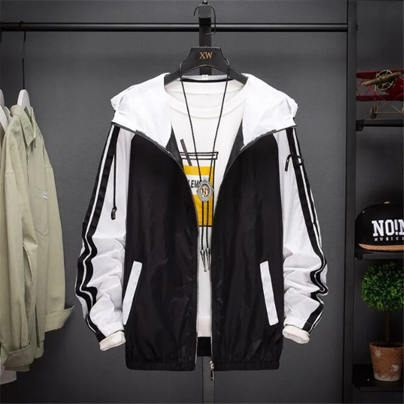 

Fad New Bomber Jacket Men Spring Autumn Vogue Stripe Windbreaker Jacket Casual Thin Hooded Coat Sunscreen Male Jacket Outwear