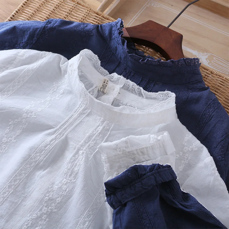 

Back Button Cotton Embroidery Lacing Stand Collar Long Sleeve Shirt Blouse Female