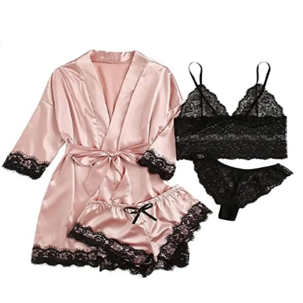 

4PCs Satin Floral Lace Pajamas Sets Women Strap Cami Top Pants Suit With Robe Sleepwear Home Wear Nightwear Bath Gown Nightwear