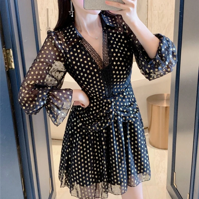 

2020 Autumn High Quality Women Runway Dress Elegant Black Sexy V Neck Polka Dot Print Patchwork Lace Party Dresses