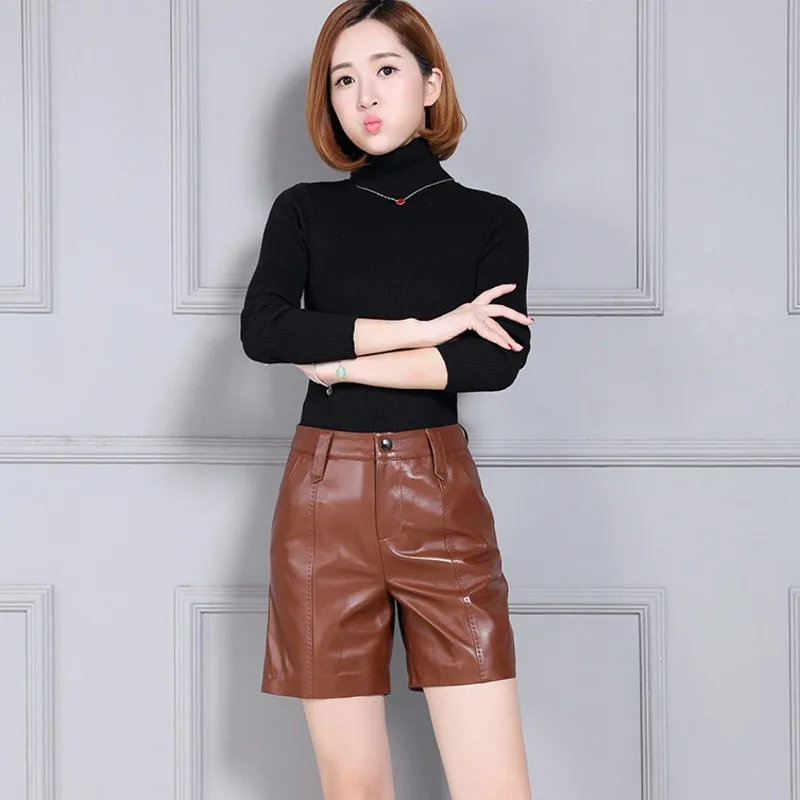 Genuine Leather Fashion Womens Shorts Streetwear High Waist Casual Stretchy Trousers Punk Comfort High Quality Pantalon Female
