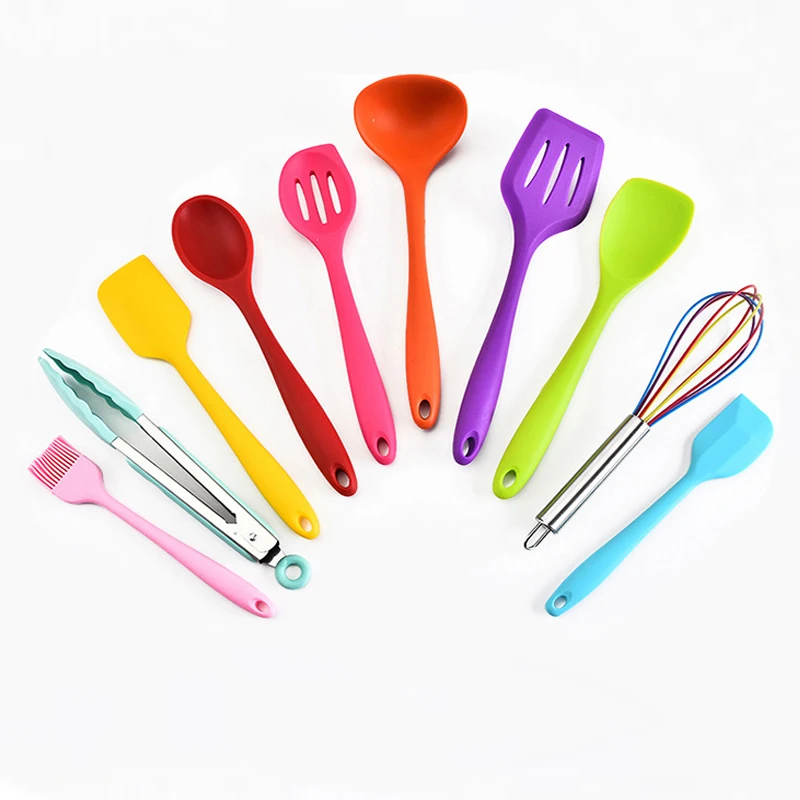 

10 Pcs/set Cooking Utensils Set Food Grade Silicone Muticolor Spatula Soup Spoon Brush Colander Non-stick Cookware Kitchen Tools