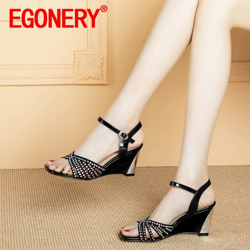 

EGONERY summer New Style Women Leisure Slope Heel Sandals Concise Comfortable Solid color rhinestone decoration Square Toe