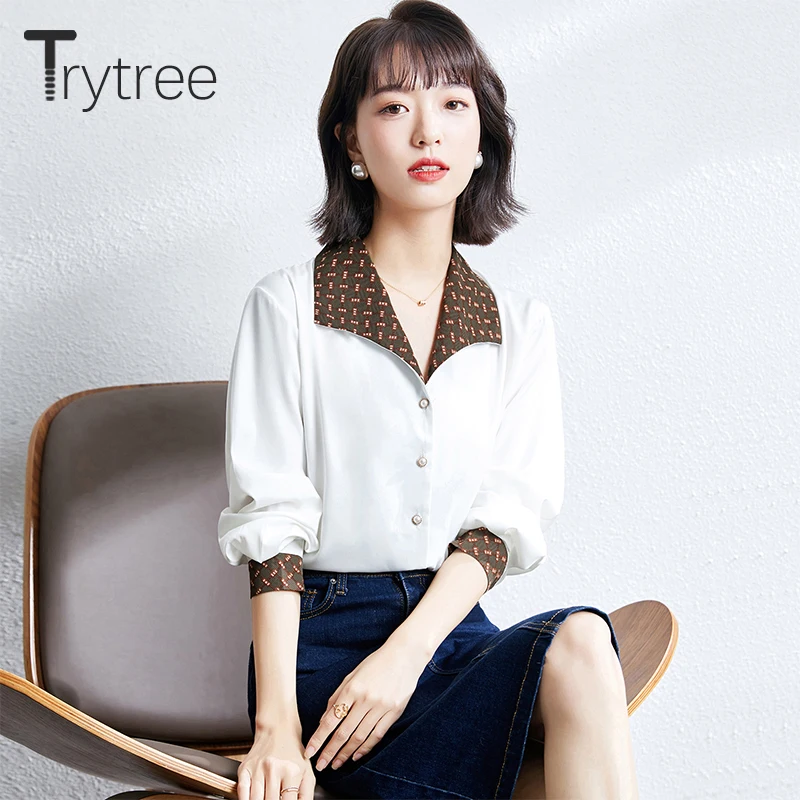 

Trytree 2021 Spring Summer Women Blouse Casual Geometric Turn-down Collar Pearl Single Breasted Shirt Office Lady Tops For Women