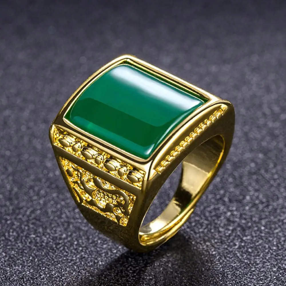 

Vintage carving fashion green jade emerald gemstones bague rings for men gold tone jewelry band agate bijoux accessories gifts
