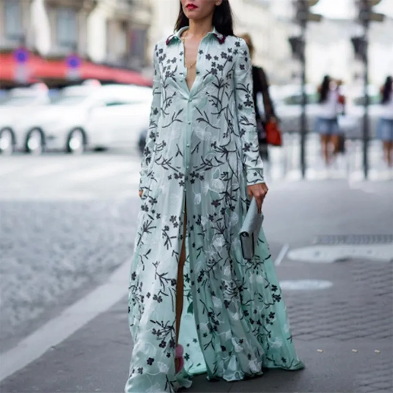 Женское летнее богемное Платье с принтом отложным воротником длинным рукавом