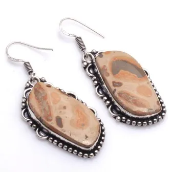 

Genuine Leopardskin Jasper Silver Overlay on Copper Earrings ,Hand made Women Jewelry Gift , 53 mm, E5921