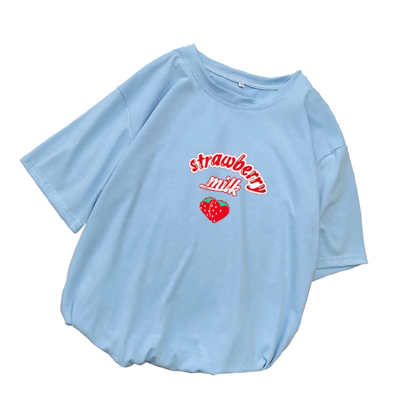 

Summer Harajuku Kawaii Cartoon Print Tee Shirt Strawberry Milk T Shirt Women Femme Korean Style Casual Short Sleeve Tops Clothes