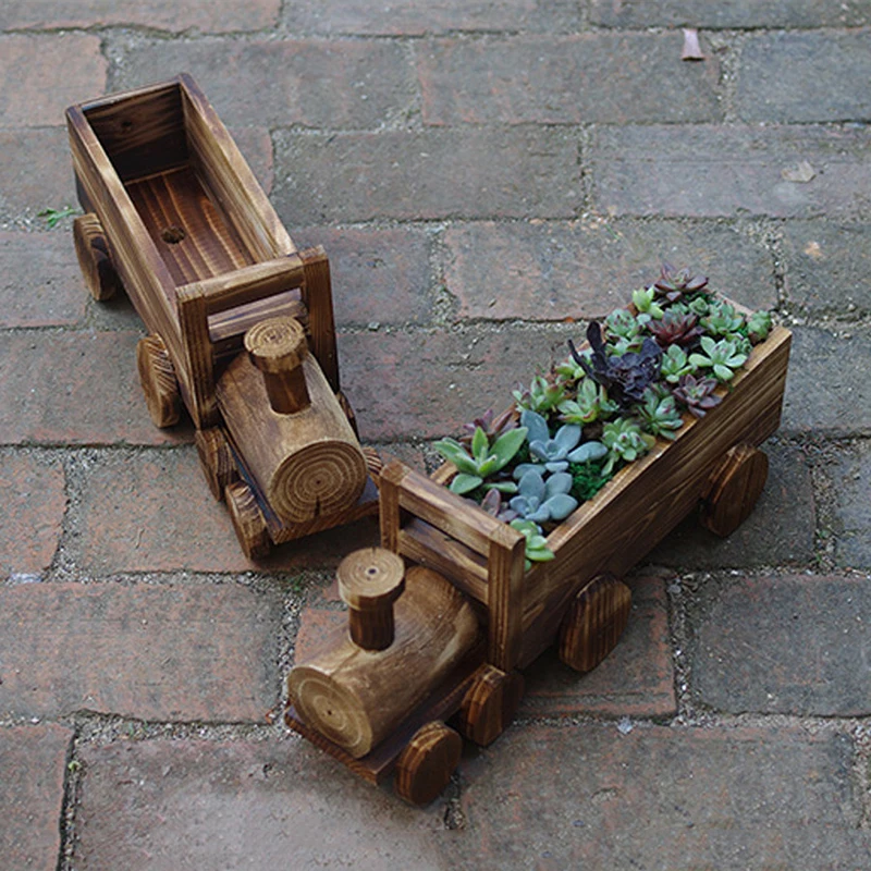 

Train Wooden Flower Pot Mini Decorative Art Storage Case Plant Pot Home Ornament for Bonsai Landscape Garden DRSA889