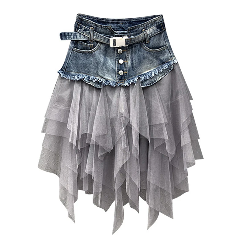 

Womens Denim Tulle Skirts Asymmetrical Mesh Patchwork Pocket Empire Pleated Midi Skirt Tassel Streetwear Short Jean Skirt