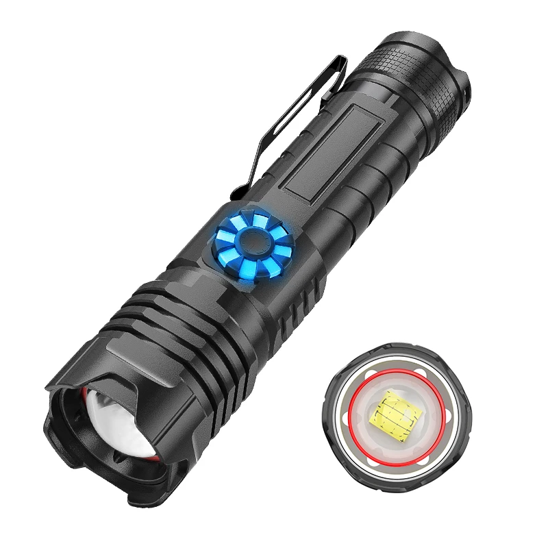 Online Peredupan Stepless XHP100 Senter Led Tipe-c USB Powerbank Isi Ulang 18650 26650 Senter Baterai Lentera Aluminium Dapat Diperbesar