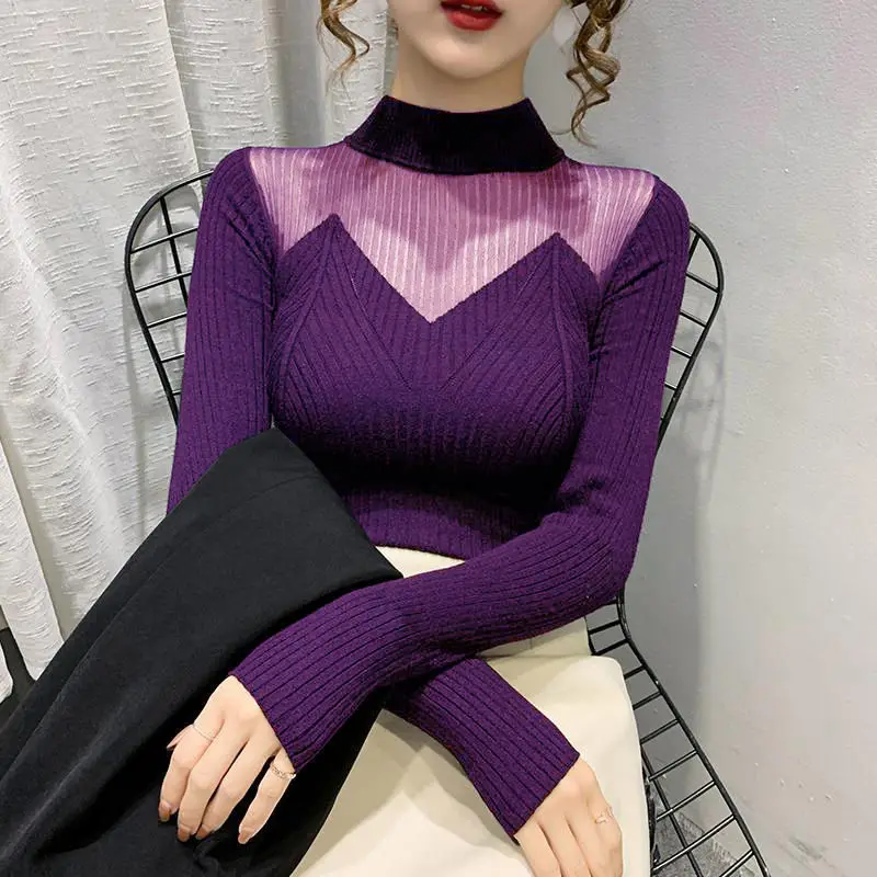 

Women New 2021 Autumn Winter Knitted Sweater Office Lady Elegant Patchwork Hollow Out Sweaters Slim Female Pullover Tops A538