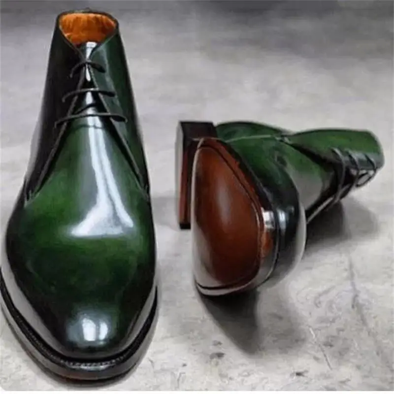 

New Classic Men Shoes Handmade High-quality Green PU Wingtip Lace-up Fashion All-match British Dress Business Ankle Boots ZZ422