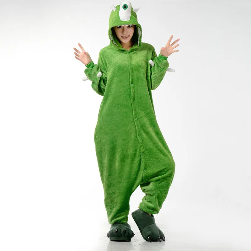 

Men Women Couples Siamese Cartoons Animal Pajamas Child Lovely Green One-eyed Monster Hooded Flannel Winter Thicken Home Clothes