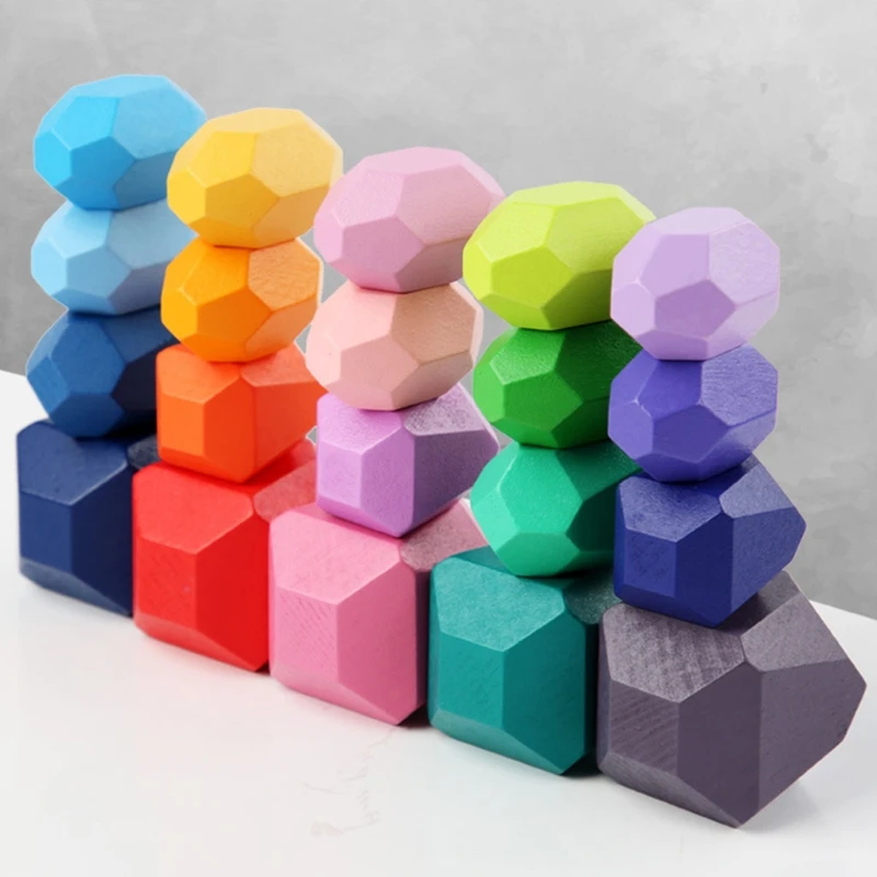 

20Pcs Children Wooden Colored Stone Stacking Game Building Block Gifts Kids Creative Rainbow Educational Toys
