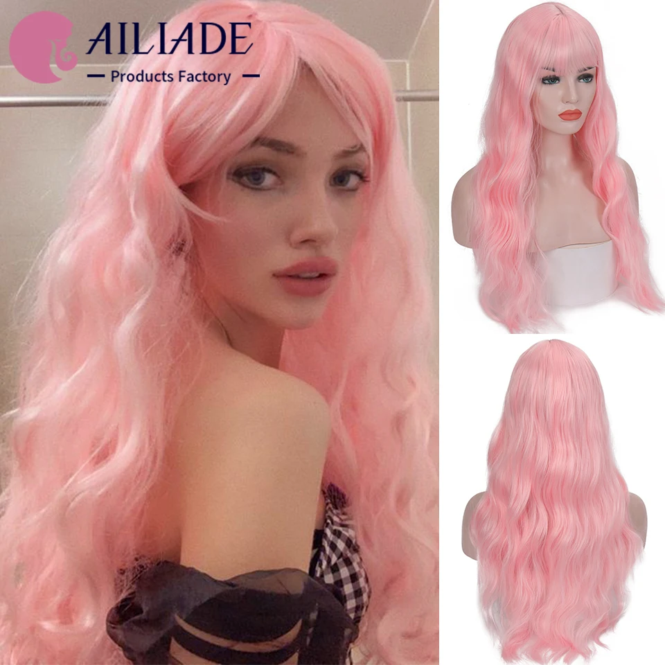 

AILIADE Long Wavy Pink Wig With Bangs Synthetic Hair Wigs For Women Lolita Cosplay Party Heat Resistant Fiber