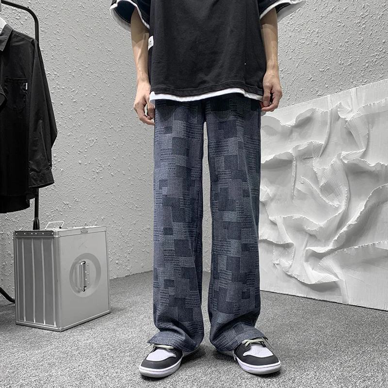 

Blue/black Wide Leg Jeans Men's Fashion Retro Casual Baggy Plaid Jeans Men Streetwear Loose Hip-hop Straight Denim Trousers Mens