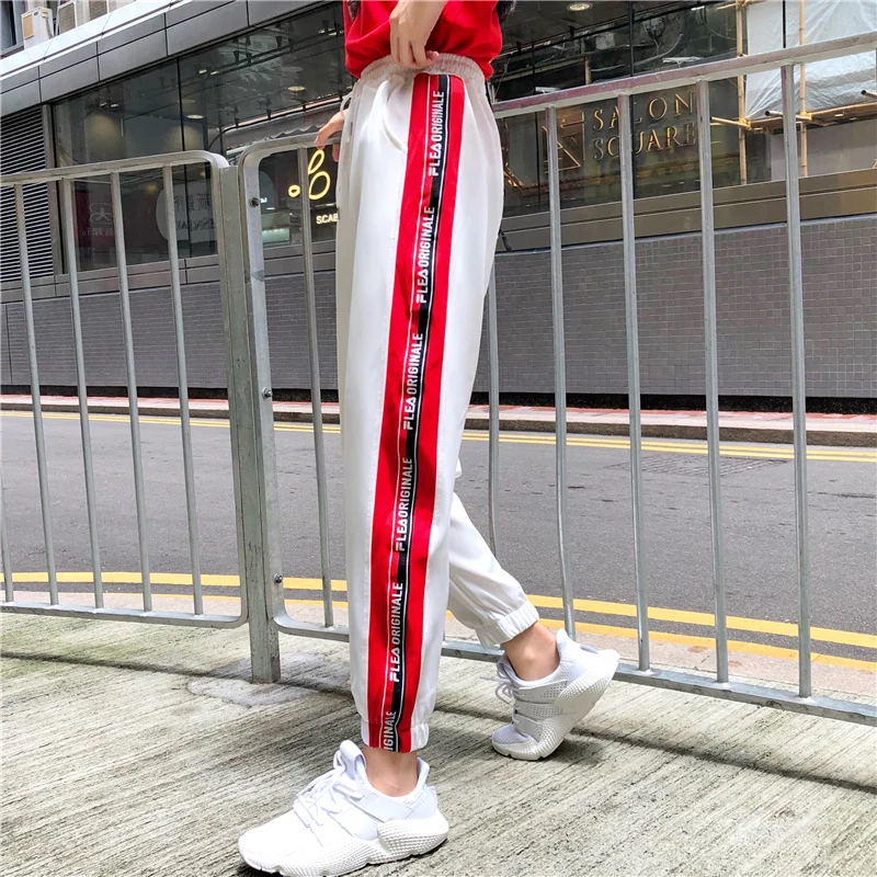 Повседневные Новые Осенние эластичные брюки женские Боковые Полосатые
