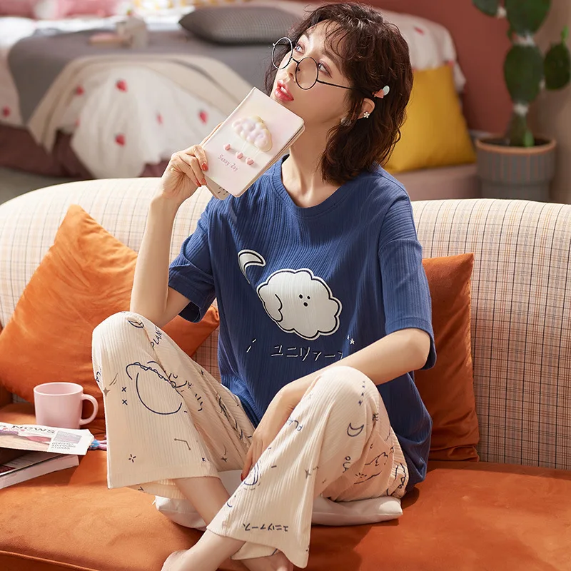

Pajama Sets Women Large Size Sleepwear 3XL Loose Cute Summer Korean Fashion Woman Short Sleeve Tops Full-length Pants Comfort