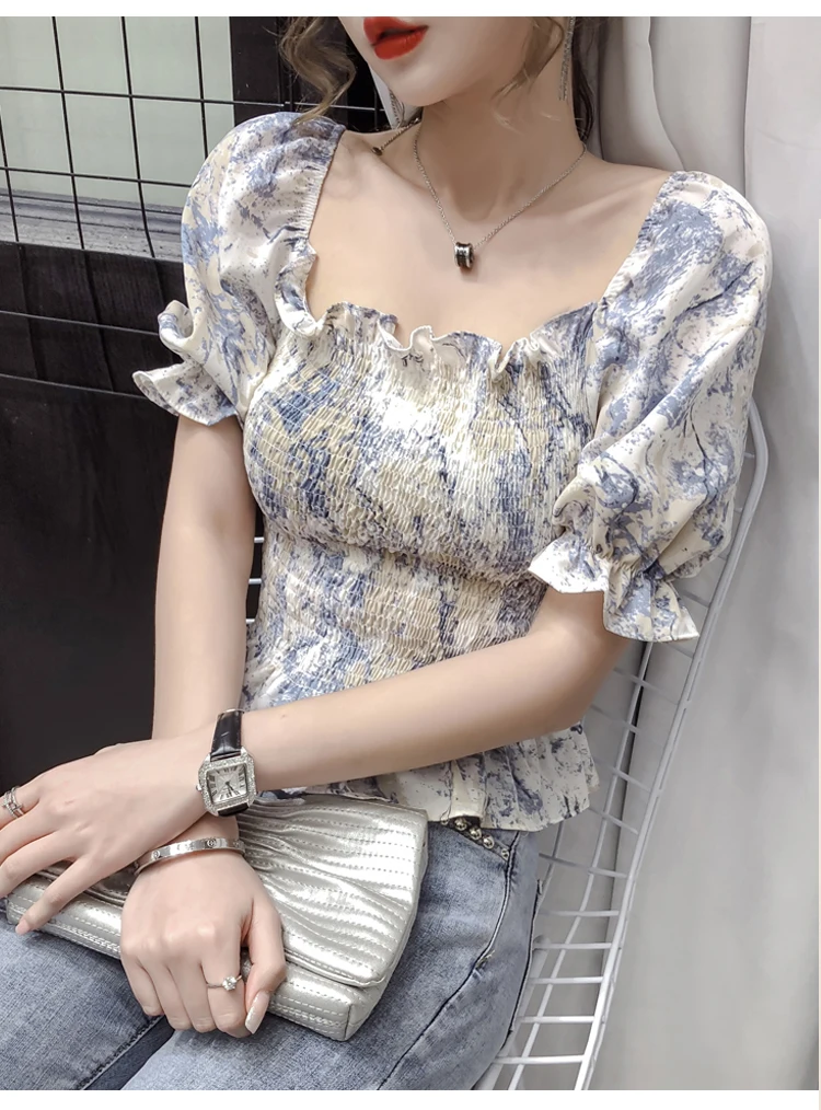 Женские блузки с цветочным принтом Винтажные эластичные Блузы оборками на спине