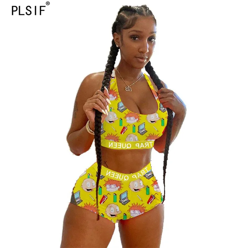 Женский спортивный костюм из 2 предметов без рукавов с принтом летний двух