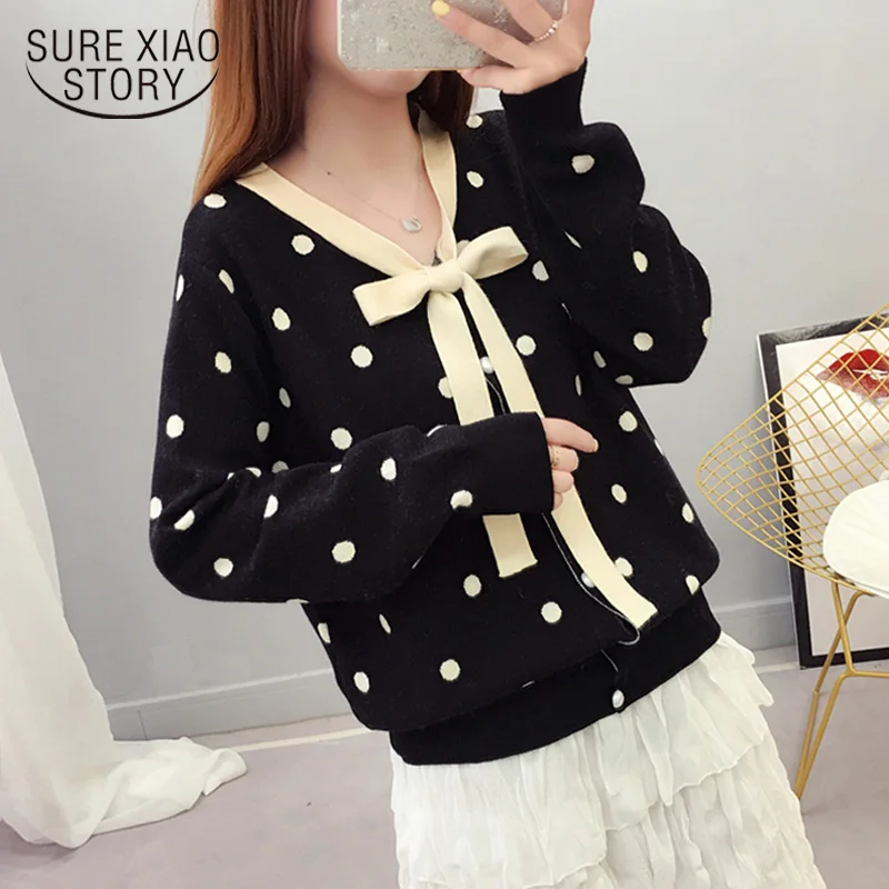 Свитер женский вязаный с v-образным вырезом в горошек бантом 6575 50 |