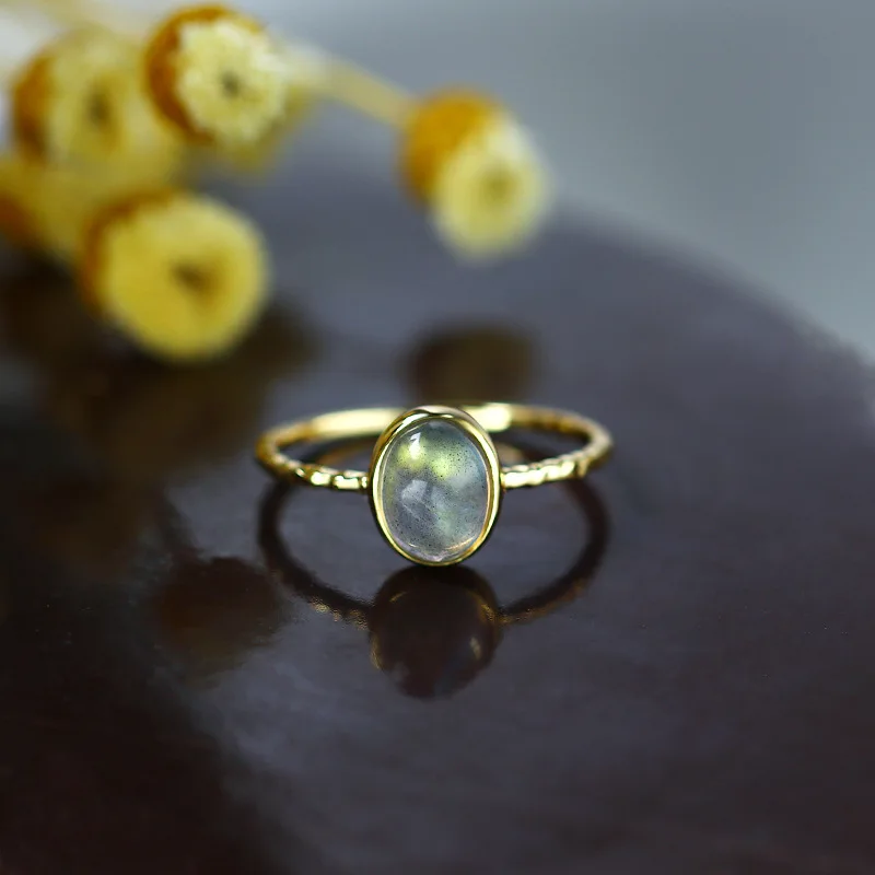 LAMOON 925 Sterling Silver Ring For Women Ellipse Labradorite Gemstone 14k Gold Plated Fine Jewelry Simple Style LMRI136 | Украшения и