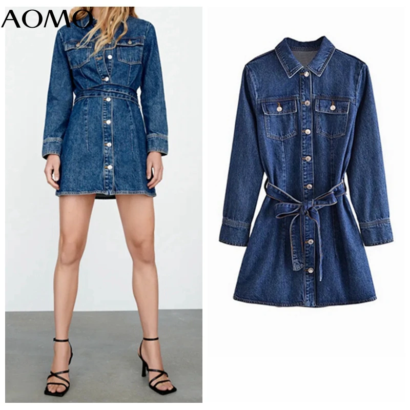 

AOMO 2021 Fashion Women Denim Blue Shirt Dress with Slash Vintage Long Sleeve Office Ladies Mini Dress 3H837A
